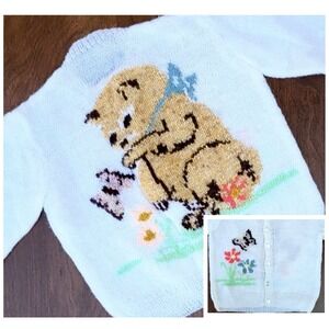 Vintage Hand Knit Baby Cardigan Sweater Spring Cat Butterfly Flowers White 6–12M